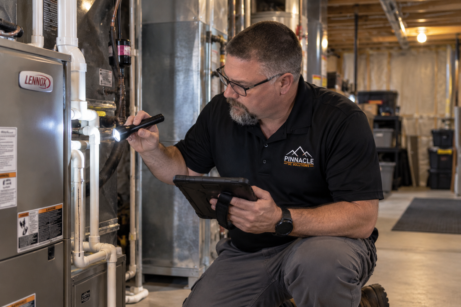 Pinnacle GC Solutions inspector examining a furnace during a commercial property inspection.