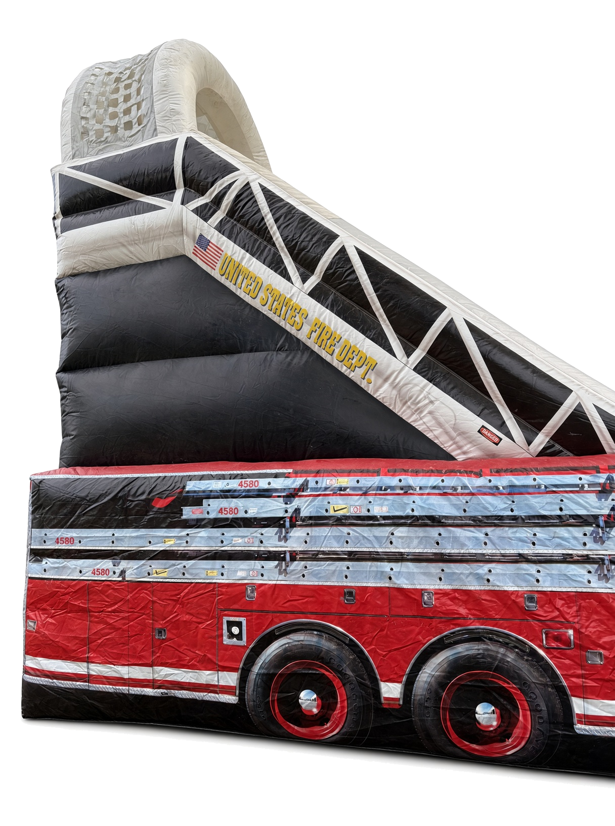 Inflatable fire truck slide with the label 'United States Fire Dept.' and a ladder on the side.
