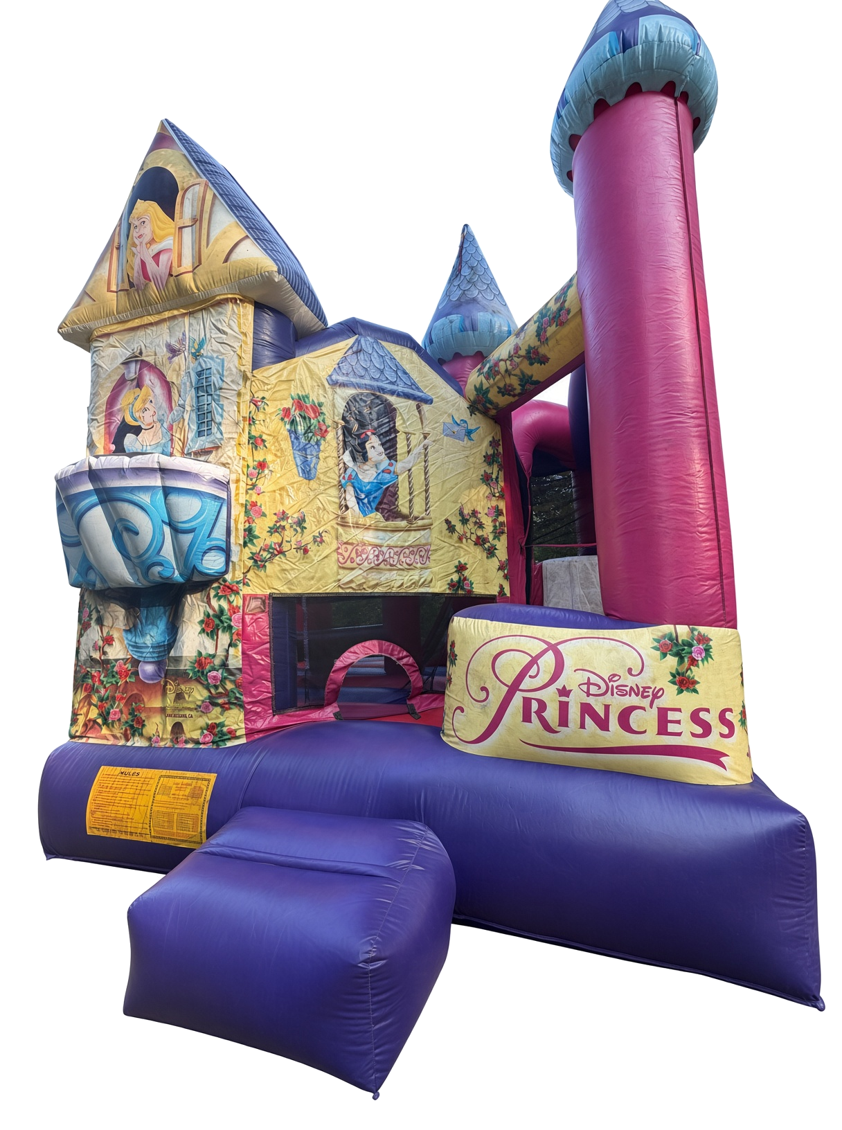 Colorful inflatable bounce house featuring Disney Princess theme with images of princesses and castles, including a large sign reading 'Disney Princess'.