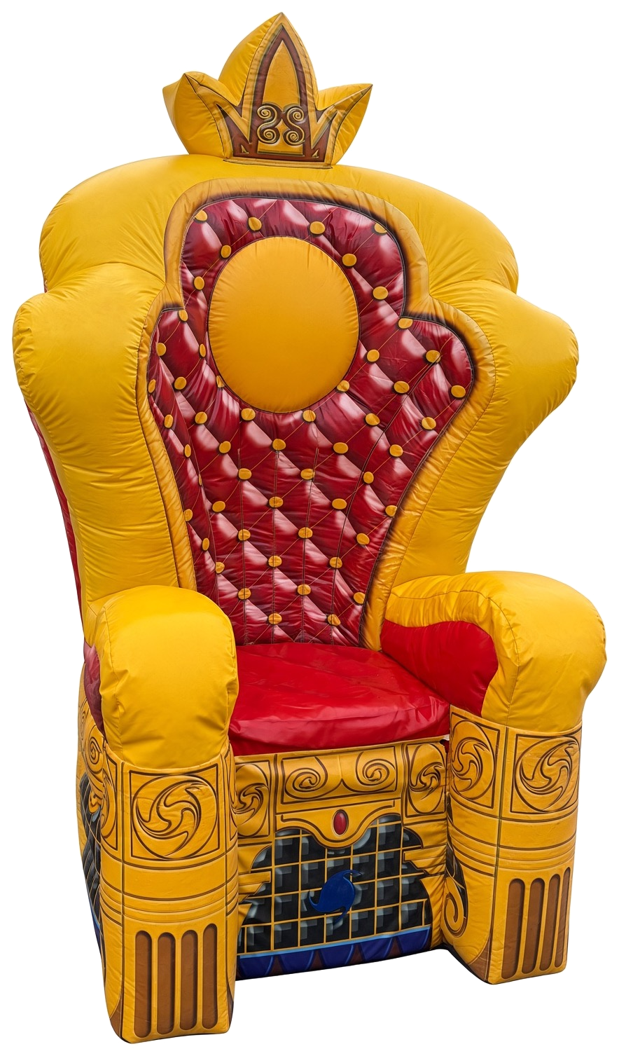 Inflatable throne resembling a royal chair with a crown on top, decorated with yellow and red colors and ornate patterns.