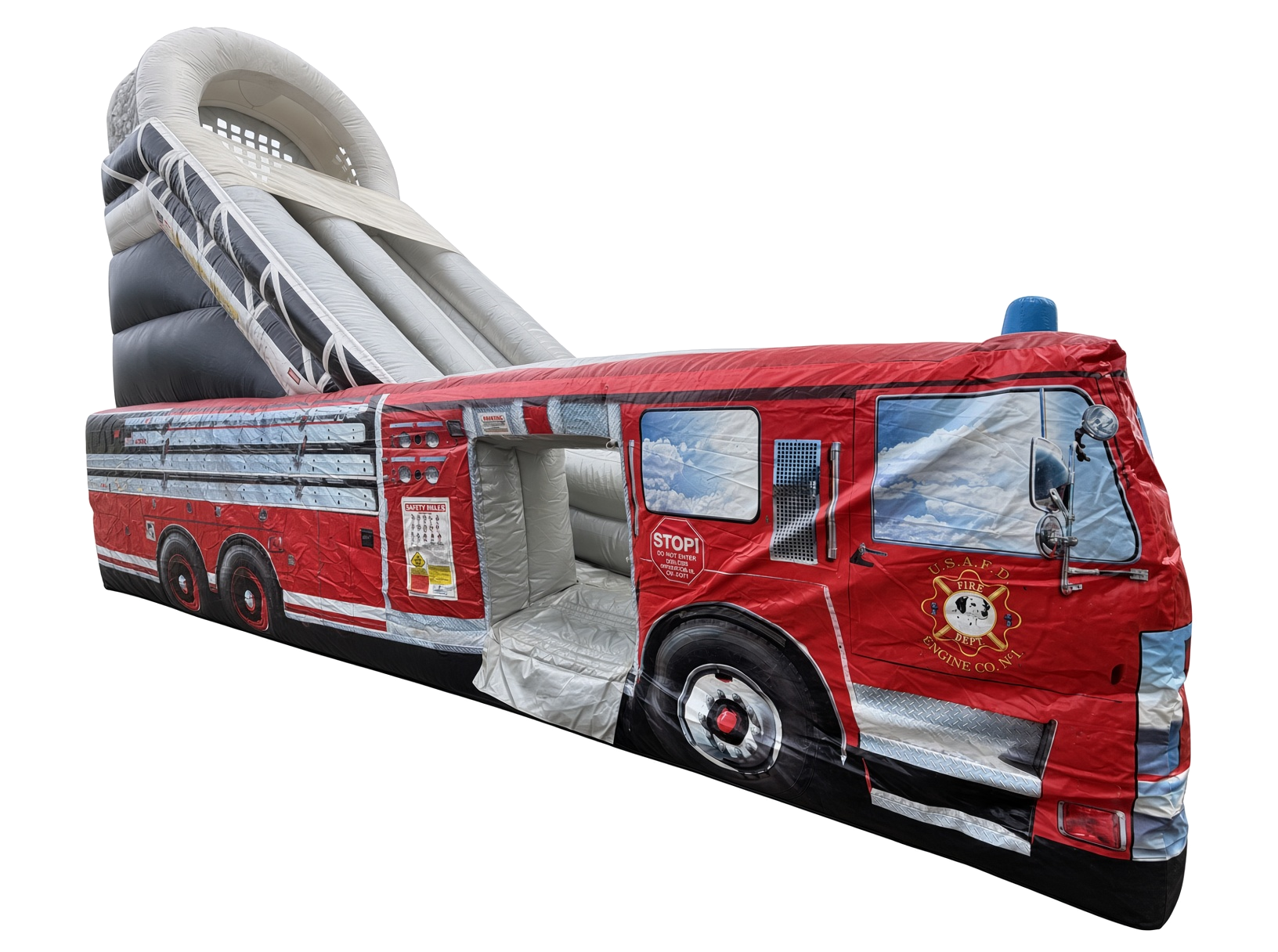 Inflatable bounce house designed to look like a fire truck with a slide.
