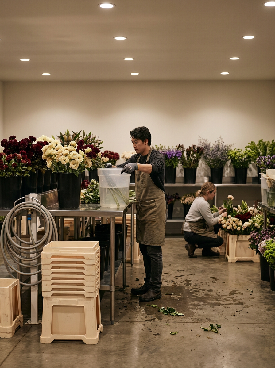 Two people working in a flower shop, arranging flowers. The man in the foreground is handling flowers near a bucket, while the woman in the background is kneeling among flower crates.