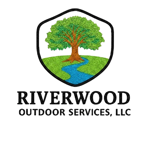 A logo featuring a large green tree with a blue river flowing underneath, set against a black background. Below the image, it says "RIVERWOOD OUTDOOR SERVICES, LLC."