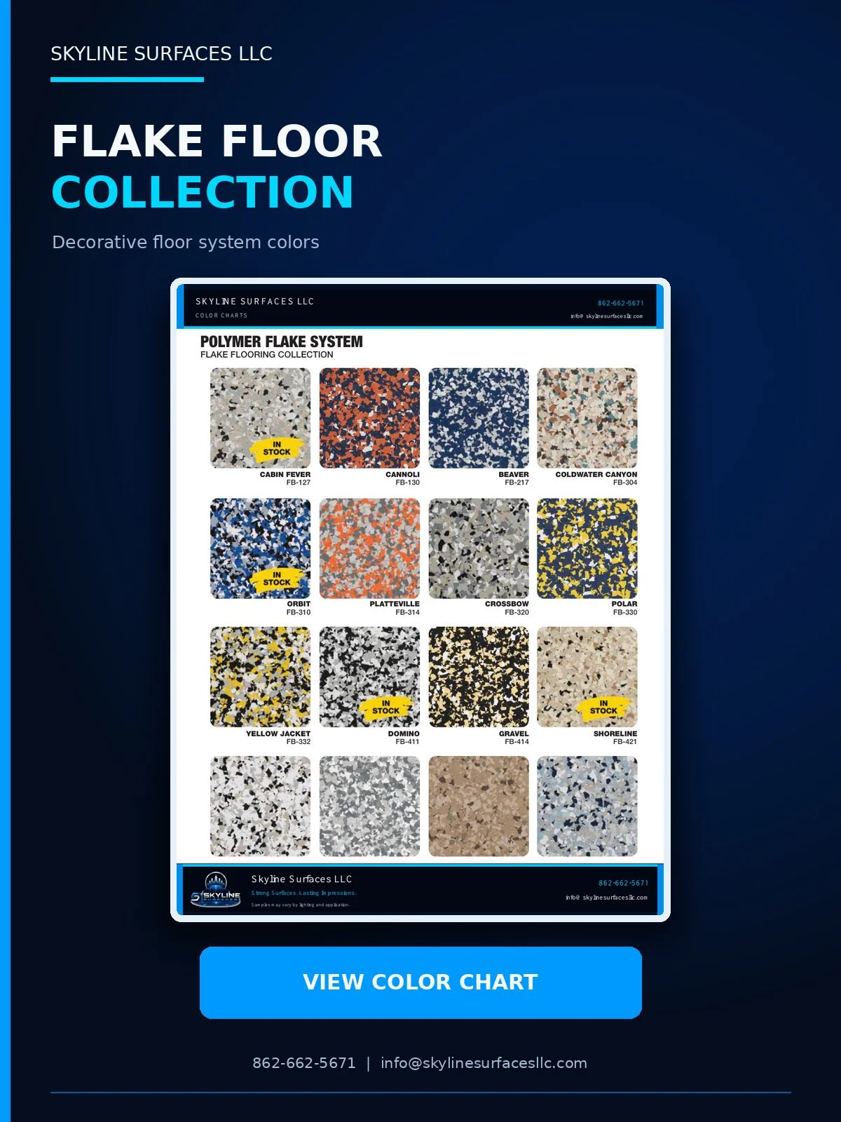 A color chart for Skyline Surfaces LLC's decorative flake flooring system, featuring various color options such as Cabin Fever, Cannoli, Beaver, Coldwater Canyon, Orbit, Platteville, Crossbow, Polar, Yellow Jacket, Domino, Gravel, Shoreline, and others.
