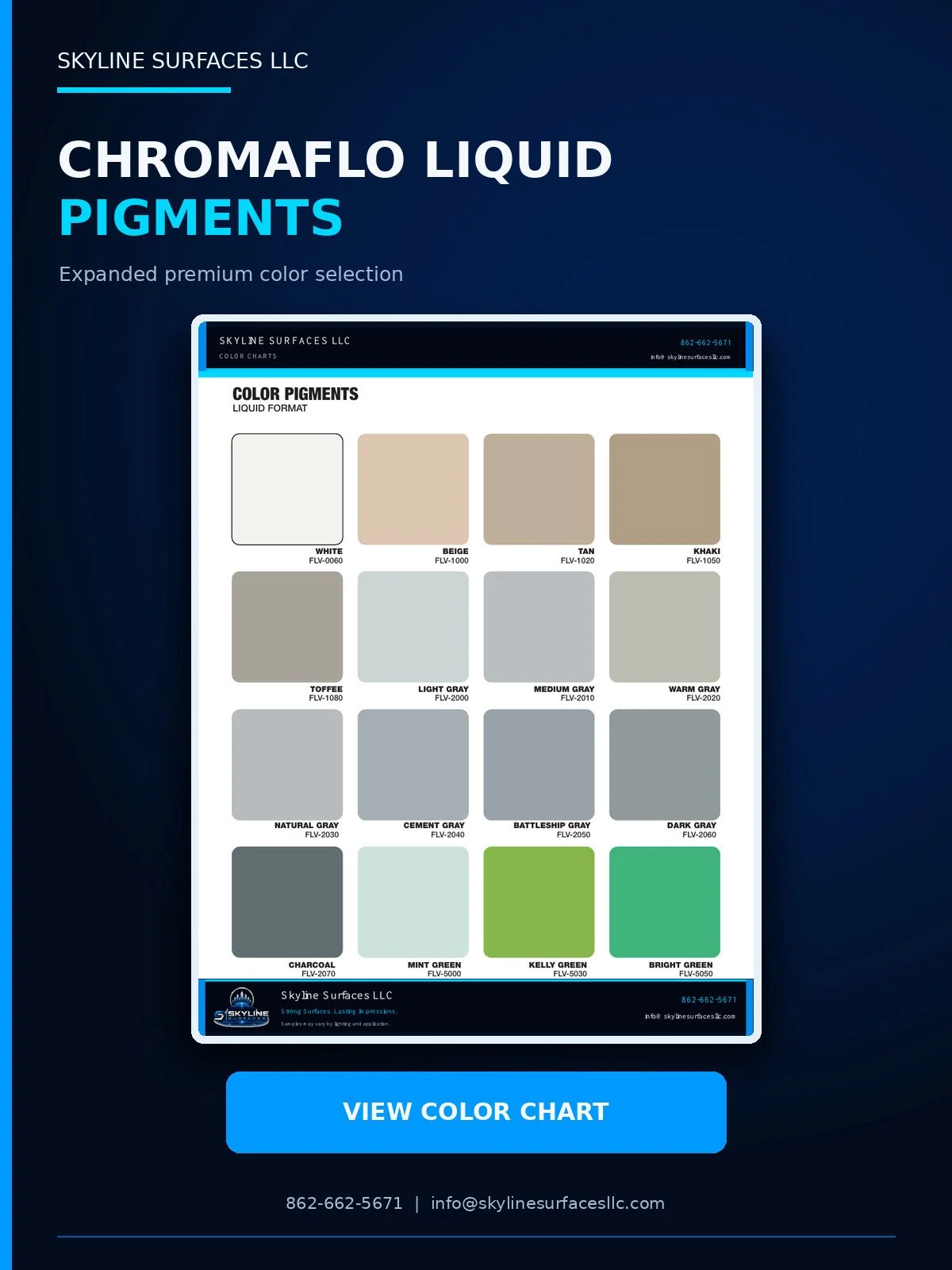 A color chart showing various liquid pigment shades including white, beige, tan, khaki, toffee, light gray, medium gray, warm gray, natural gray, cement gray, battleship gray, dark gray, charcoal, mint green, kelly green, and bright green. The chart is branded with Skyline Surfaces LLC and features a large "View Color Chart" button below.