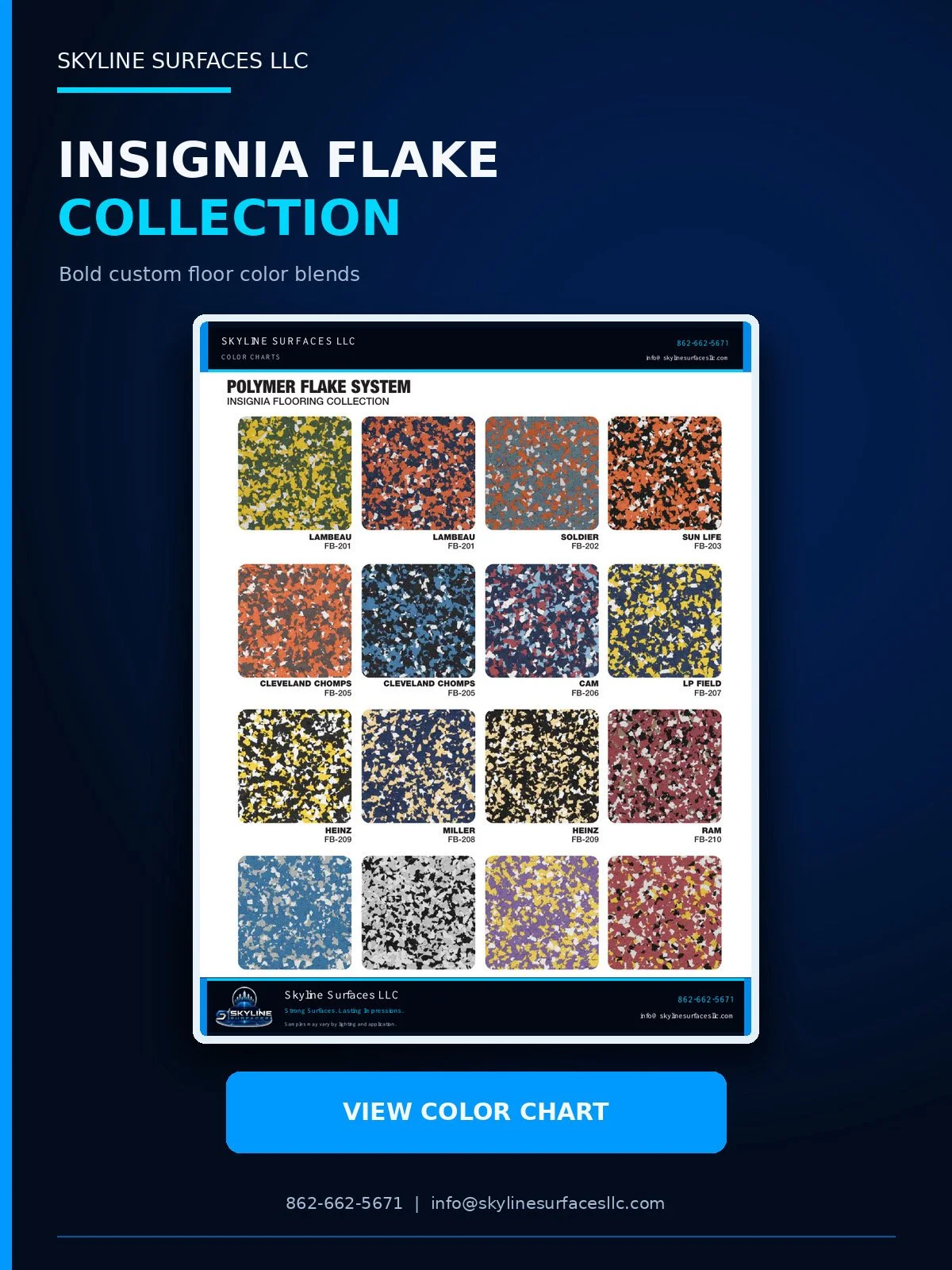 A promotional flyer for Skyline Surfaces LLC showcasing their Insignia Flake Collection of custom floor color blends, featuring various colored decorative flakes with names and codes. The flyer has a dark blue background and a prominent blue button labeled 'View Color Chart' at the bottom.