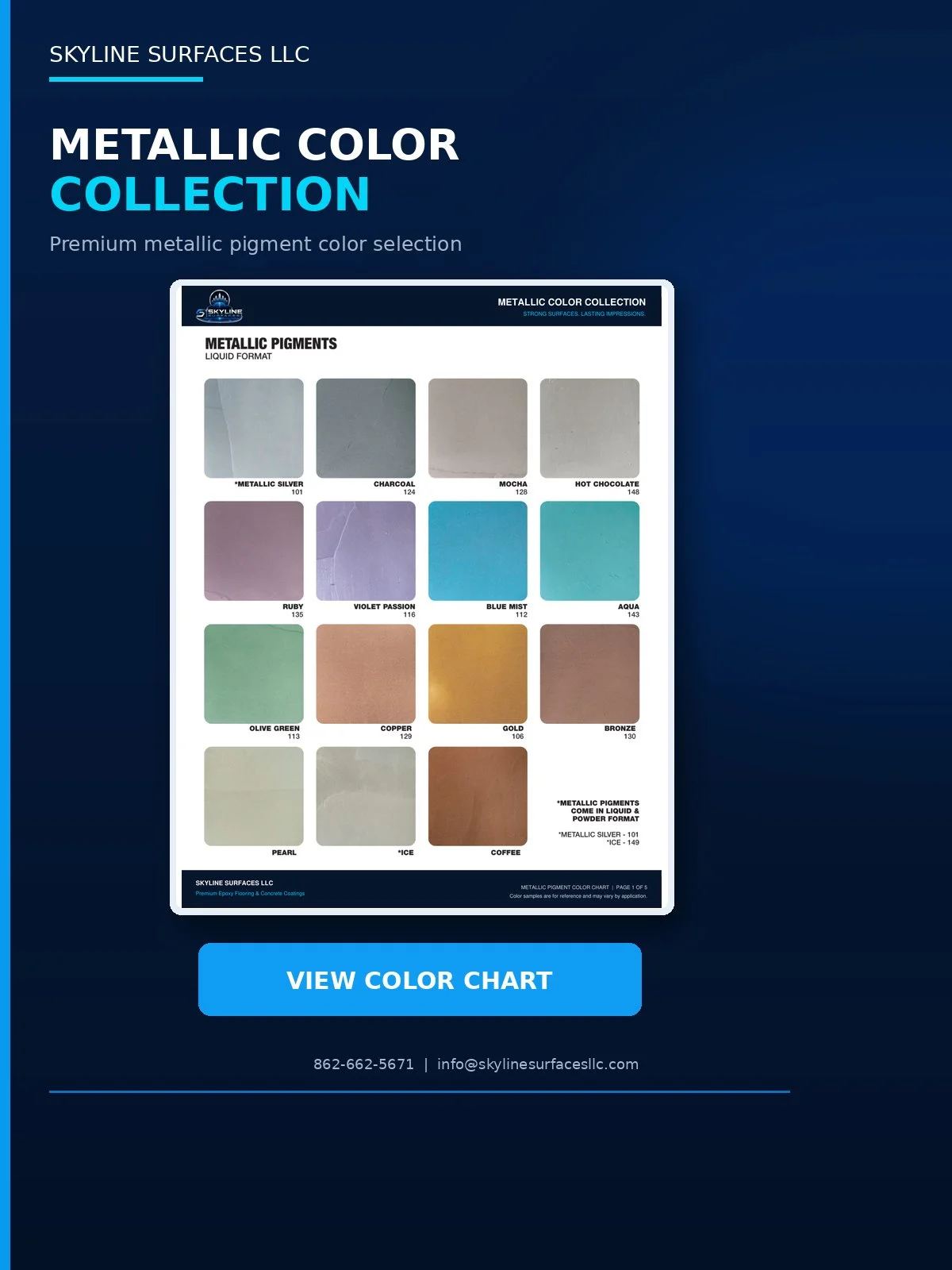 Skyline Surfaces LLC Metallic Color Collection chart displaying various metallic pigments including silver, charcoal, mocha, hot chocolate, ruby, violet passion, blue mist, aqua, olive green, copper, gold, bronze, pearl, ice, and coffee, with color samples and their corresponding names and codes.