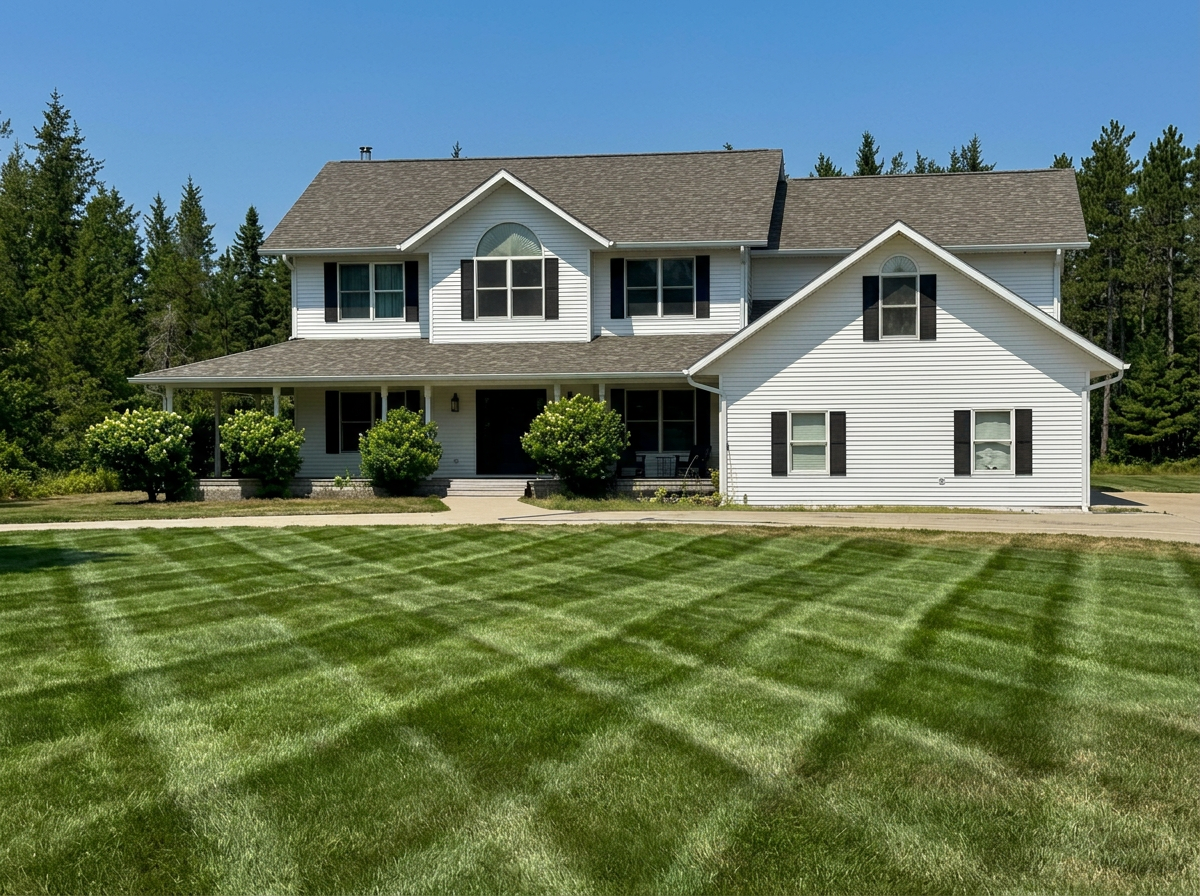 Large two-story white house with a front porch, surrounded by green trees and a freshly mowed lawn with striped pattern.