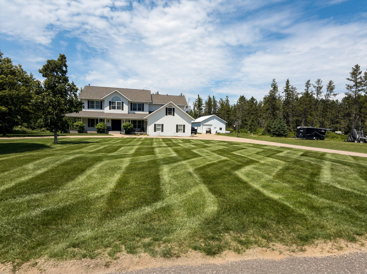 A large house with a green lawn and striped pattern, surrounded by trees and a clear sky.
