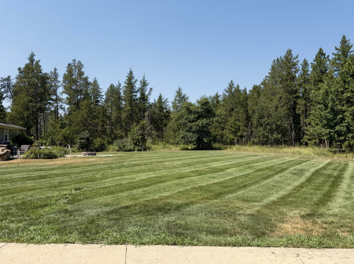 A large, well-maintained grassy yard with visible mowing lines, bordered by a dense forest of tall green trees, with a clear blue sky overhead.
