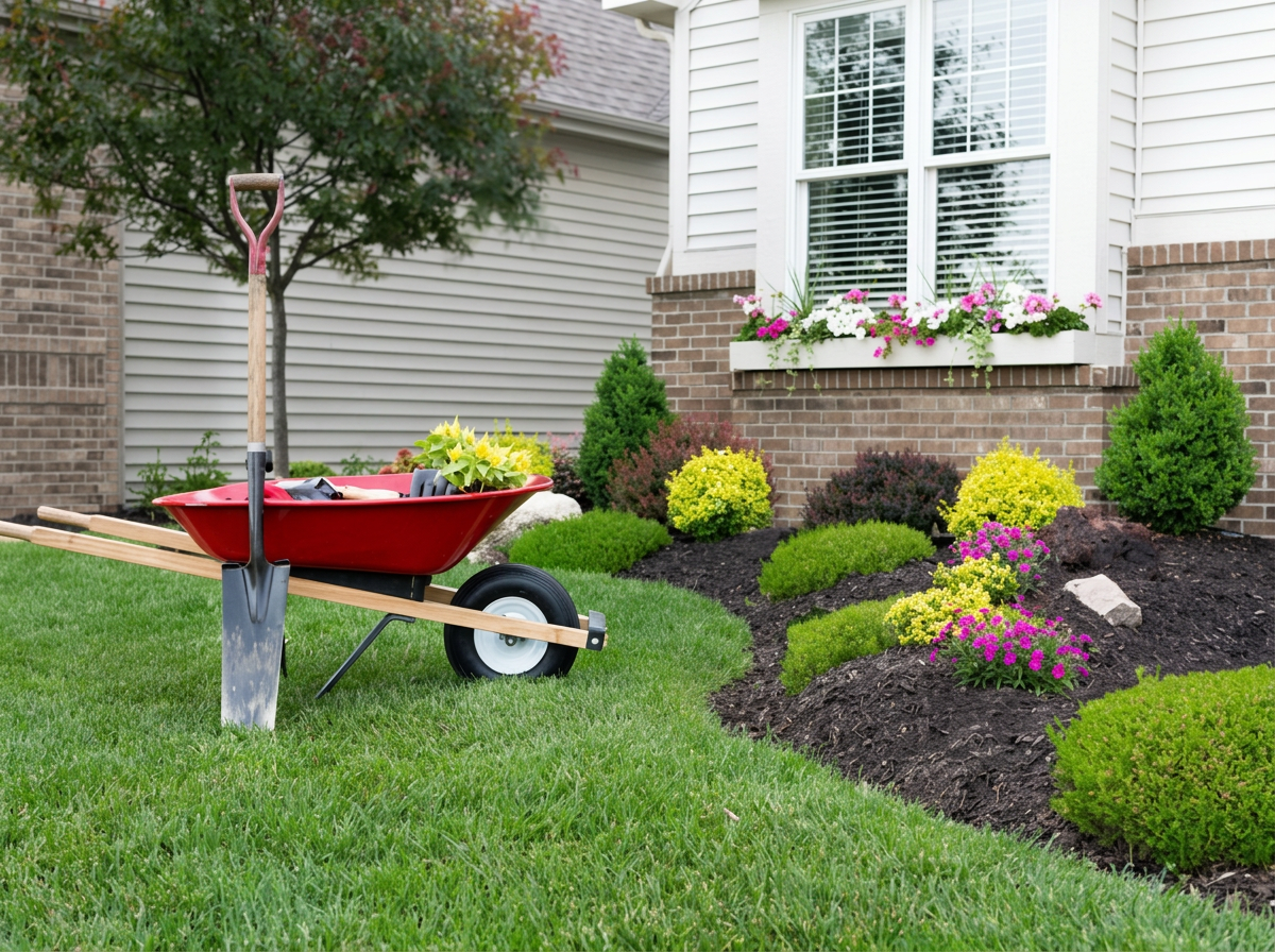 A wheelbarrow filled with yellow flowers sitting on a green lawn in front of a house with a flower bed and window boxes filled with pink and white flowers.