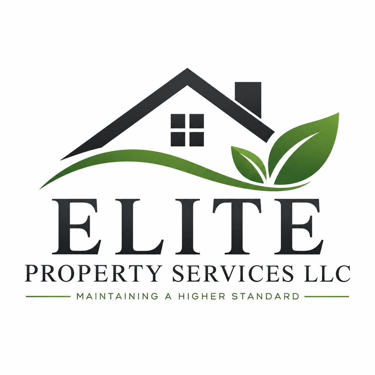 Logo for Elite Property Services LLC featuring a house with a green leaf and the slogan "Maintaining a Higher Standard."