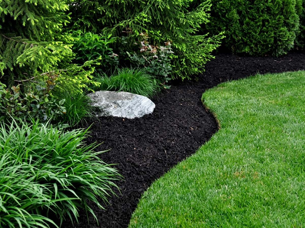 A lush green garden with neatly trimmed grass, a flower bed with dark mulch, various shrubs, and evergreen trees. There is a large, flat rock within the flower bed.