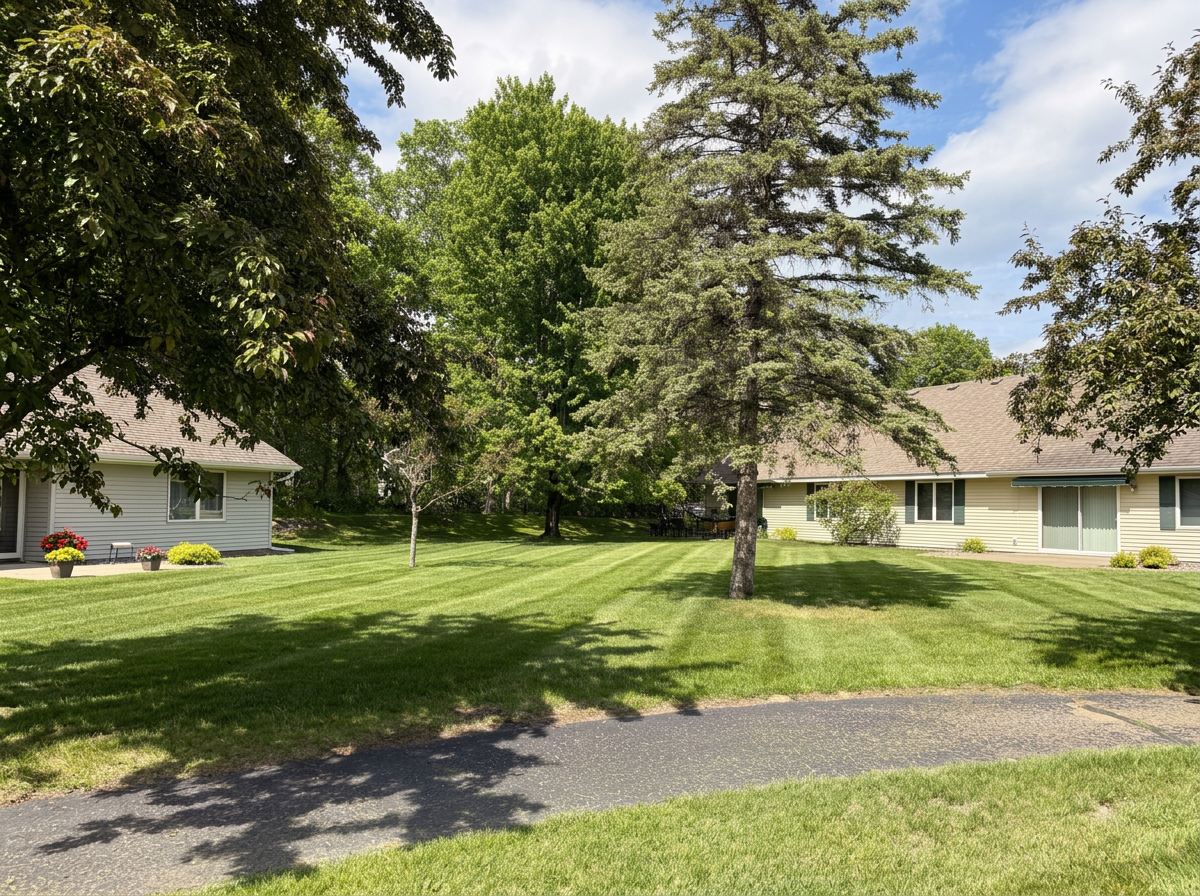A suburban backyard with green grass, several trees, and a single-story house with yellow siding, white trim, and multiple windows. There are potted plants with flowers near the house and a paved walkway.