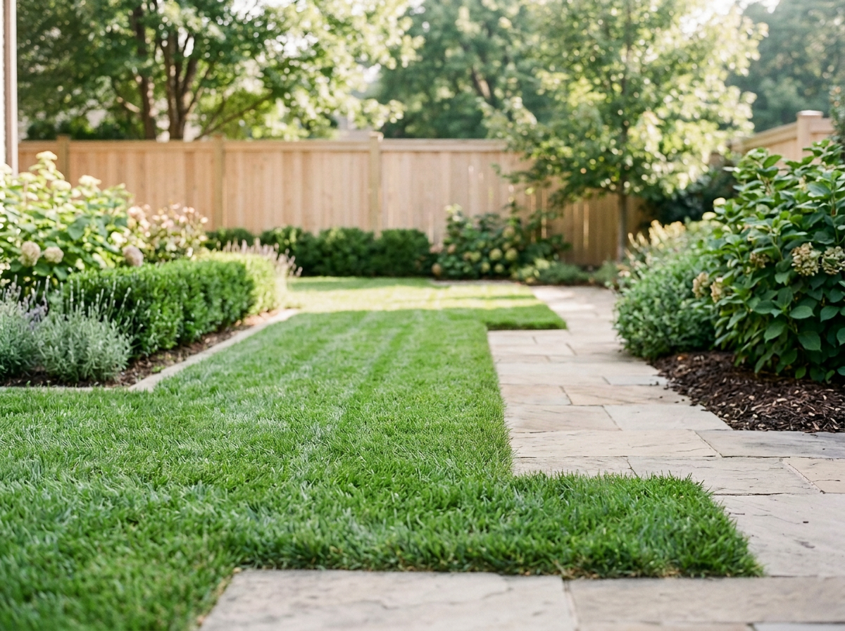 A well-maintained backyard garden with a stone pathway leading through green grass and lush bushes, enclosed by a wooden fence and surrounded by trees.