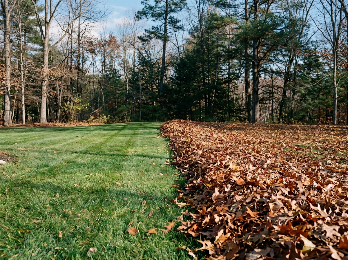 A grassy lawn on the left and a pile of fallen autumn leaves on the right, with trees in the background and a partly cloudy sky.