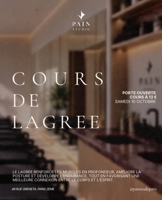 Pour notre ouverture, venez d&eacute;couvrir Pain Studio avec une offre sp&eacute;ciale :

Le cours de Lagree sur Micro de 50 minutes &agrave; 13&euro; seulement.

Une s&eacute;ance pour d&eacute;couvrir la m&eacute;thode et travailler tout le corps 