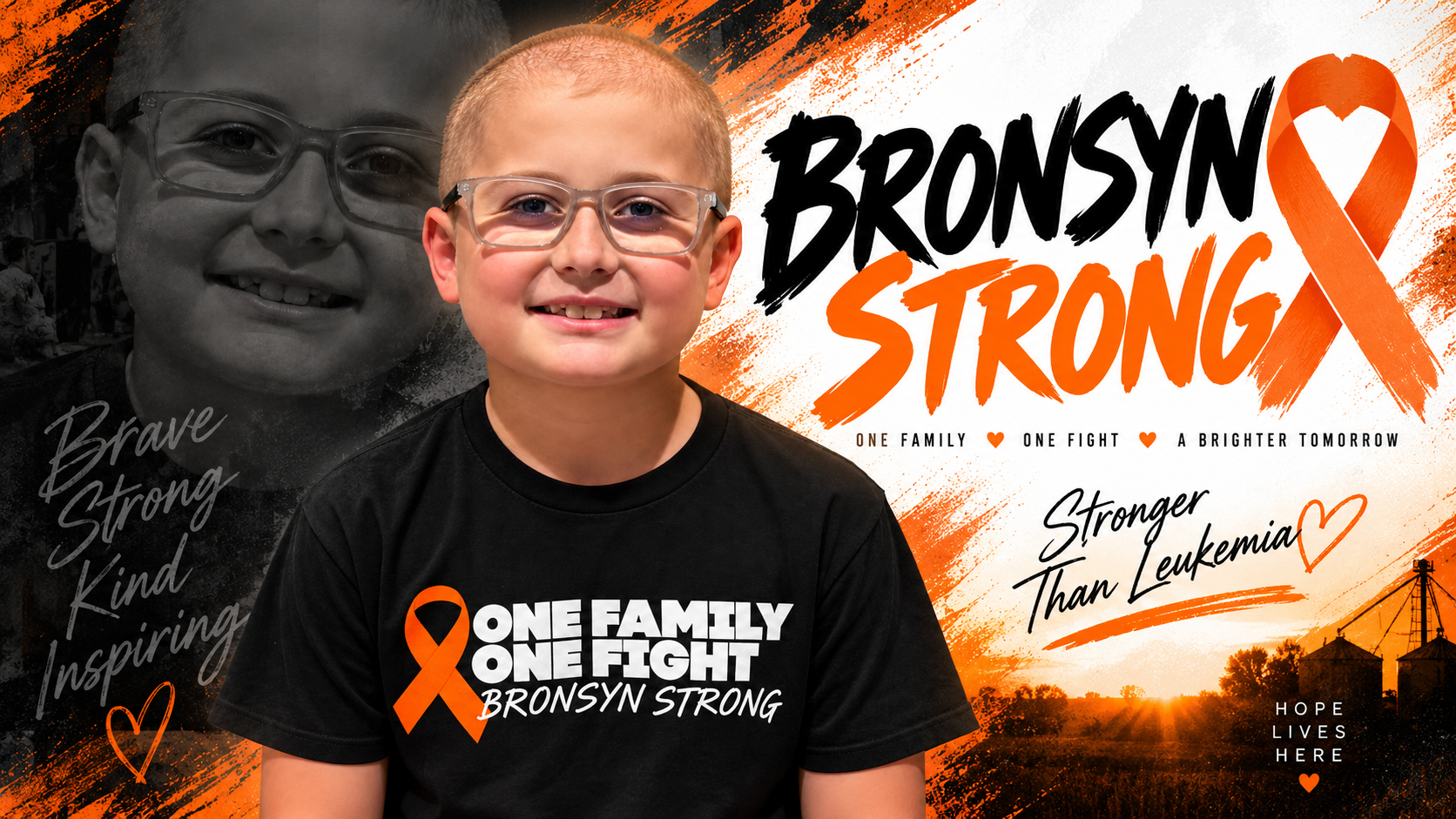 A smiling young boy wearing a black t-shirt with an orange awareness ribbon and white text reading 'One Family, One Fight, Bronsyn Strong.' The background features a sunset over rural farmland, with overlays of text and orange ribbon symbols promoting leukemia awareness and strength.