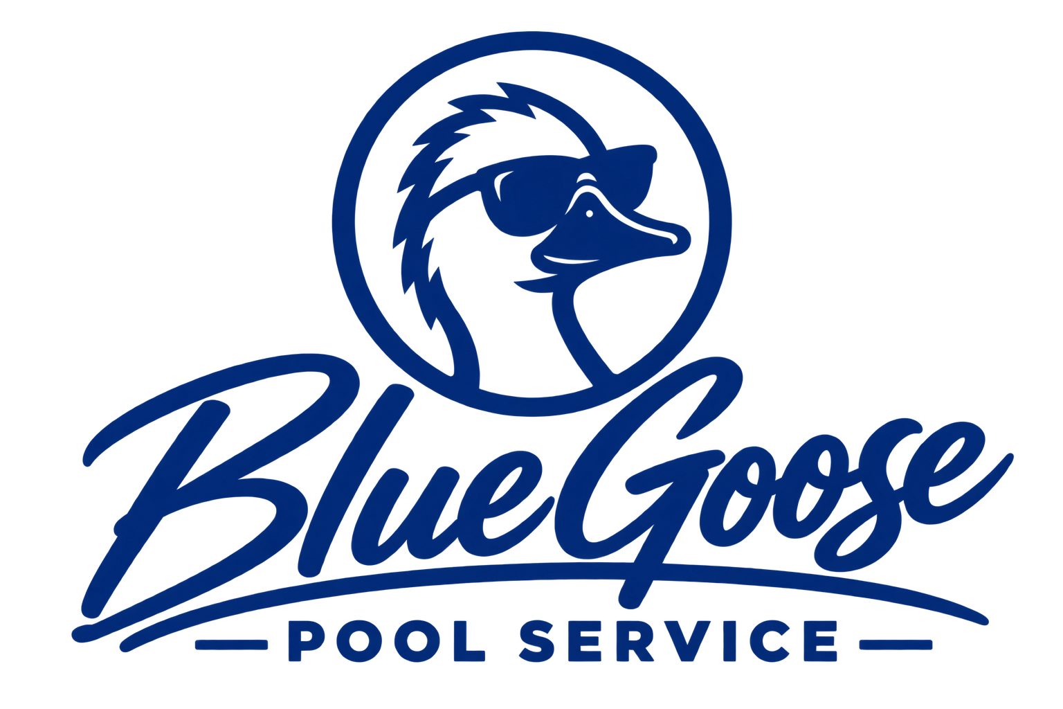 A Blue Outline of a Goose wearing sunglasses with Blue Goose Pool Service beneath it.