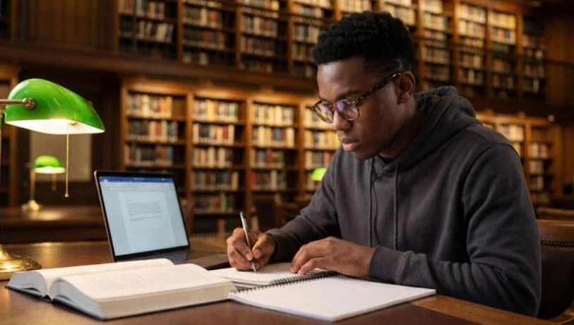 A picture of a college student writing in the library.