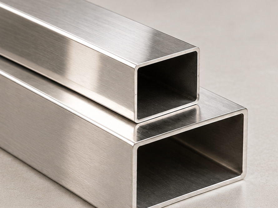 Two brushed stainless steel rectangular hollow metal tubes stacked together