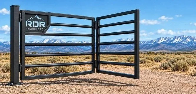 Black metal ranch gate with RIDR Ranching Co. sign in a desert landscape with snow-capped mountains