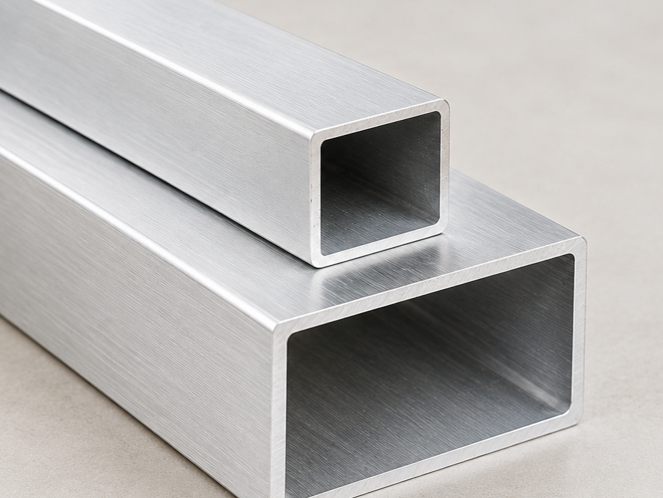 Two rectangular brushed aluminum hollow tubes, one smaller tube resting on a larger tube.