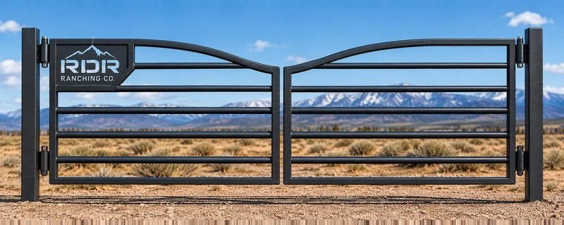 Black metal saloon-style ranch gate with RDR Ranching logo in front of a desert landscape and snow-capped mountains
