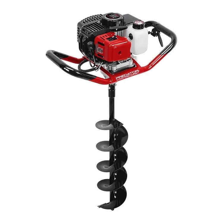 Red and black Predator gas-powered earth auger with spiral drill bit