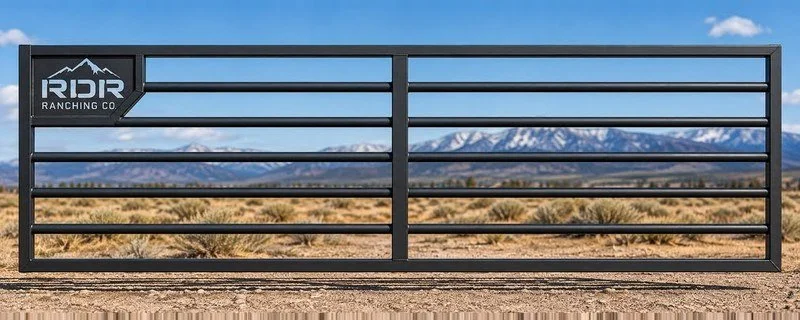 Black RDR Ranching Co. ranch gate with mountain range and desert landscape in the background