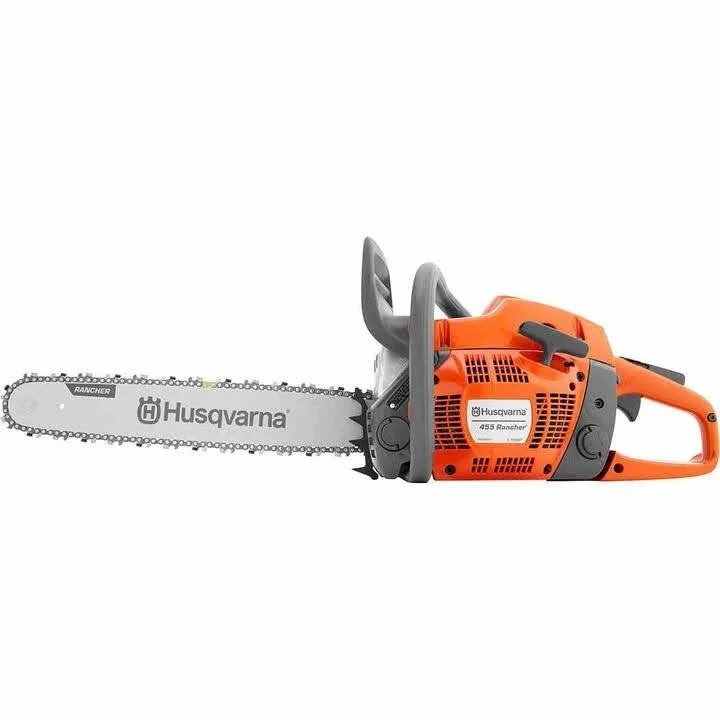 Husqvarna 455 Rancher orange gas-powered chainsaw with guide bar and chain