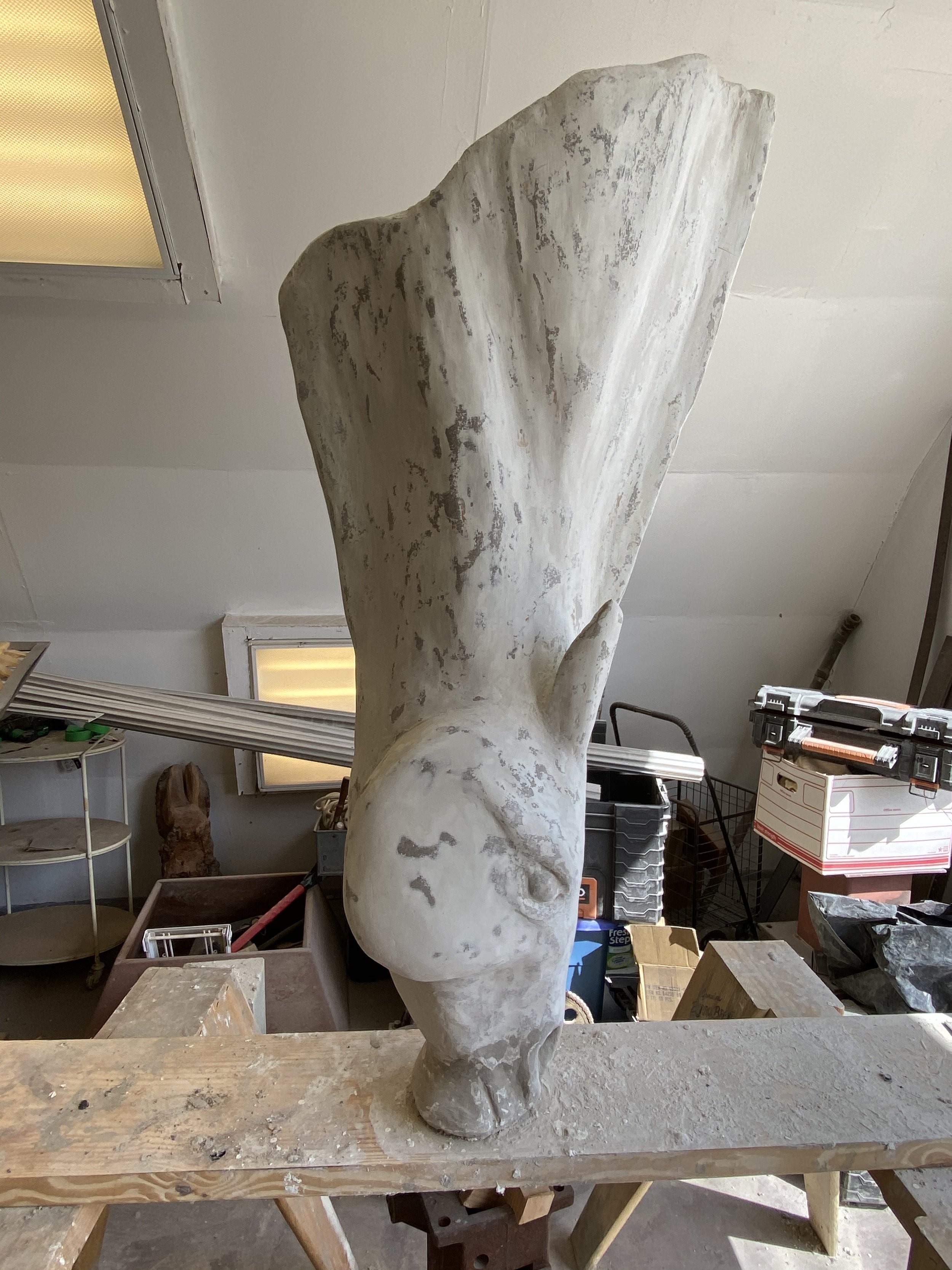 A look into the studio with a sculpture, 'Ollie', underway.