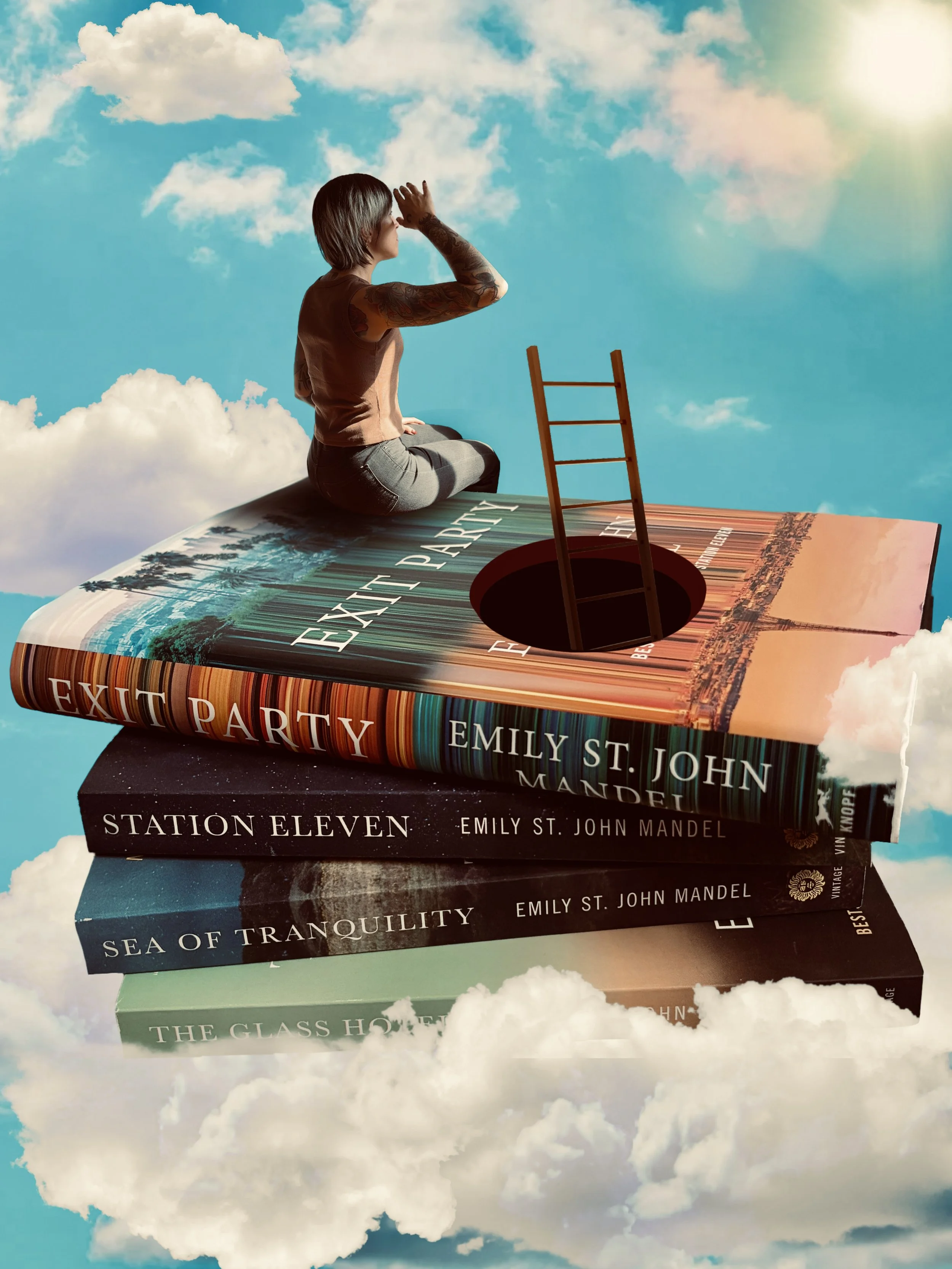 A woman with tattoos sitting on a large stack of books in the sky, with clouds and sunlight around her, looking through binoculars.
