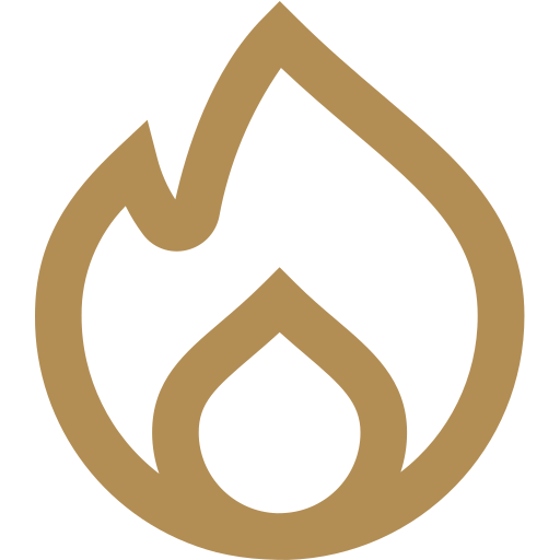 A stylized gold flame icon on a black background.