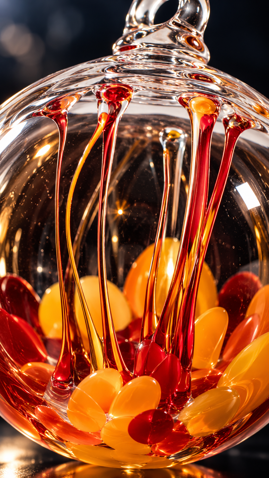 Close-up of colorful glass marbles inside a clear glass container with red and yellow glass streaks flowing over them.