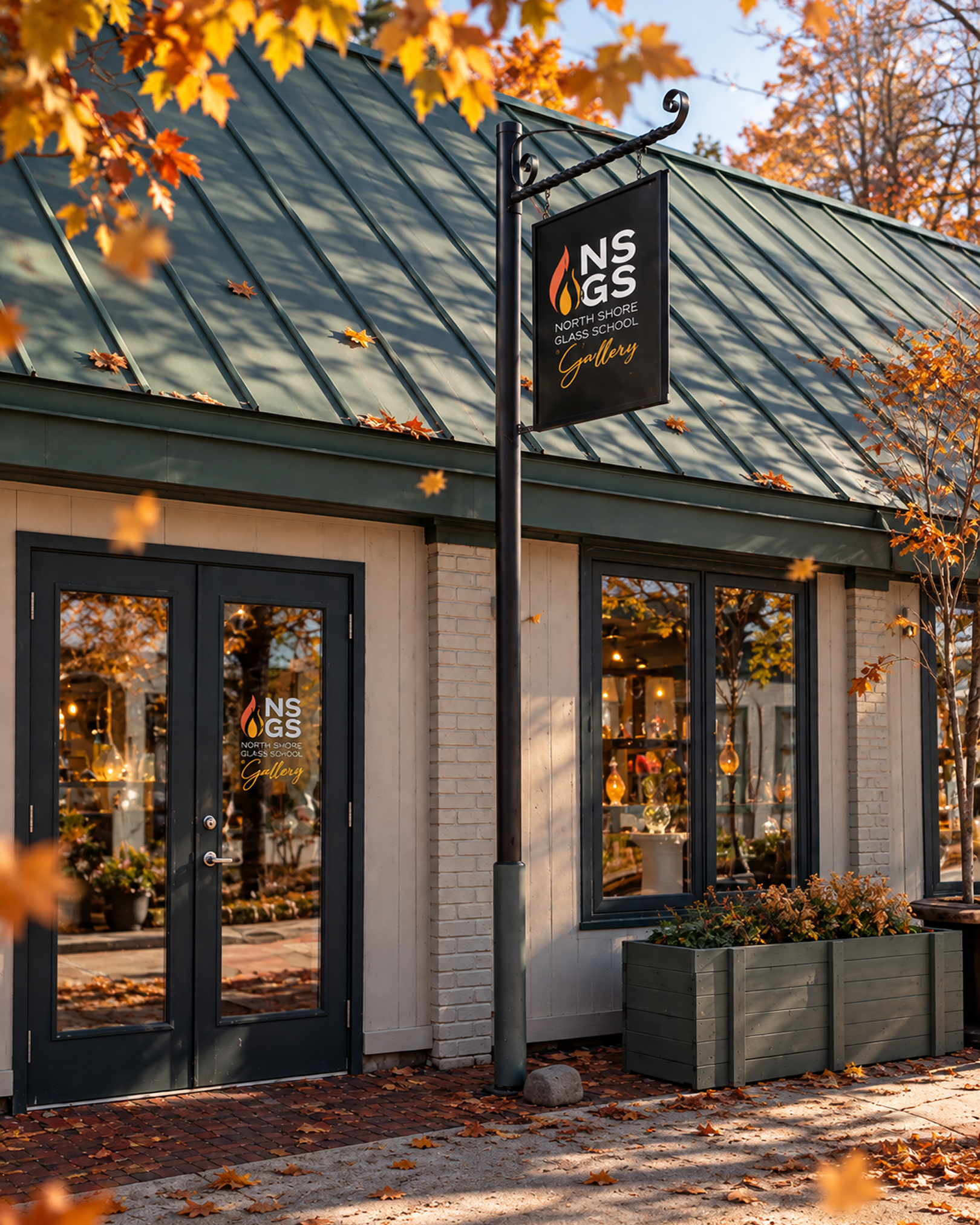 The exterior of a glass art gallery building with double glass doors and a ribbed green metal roof. A signpost displays the North Shore Glass School Gallery logo and name. Autumn leaves are fallen on the sidewalk and are visible on trees in the background.