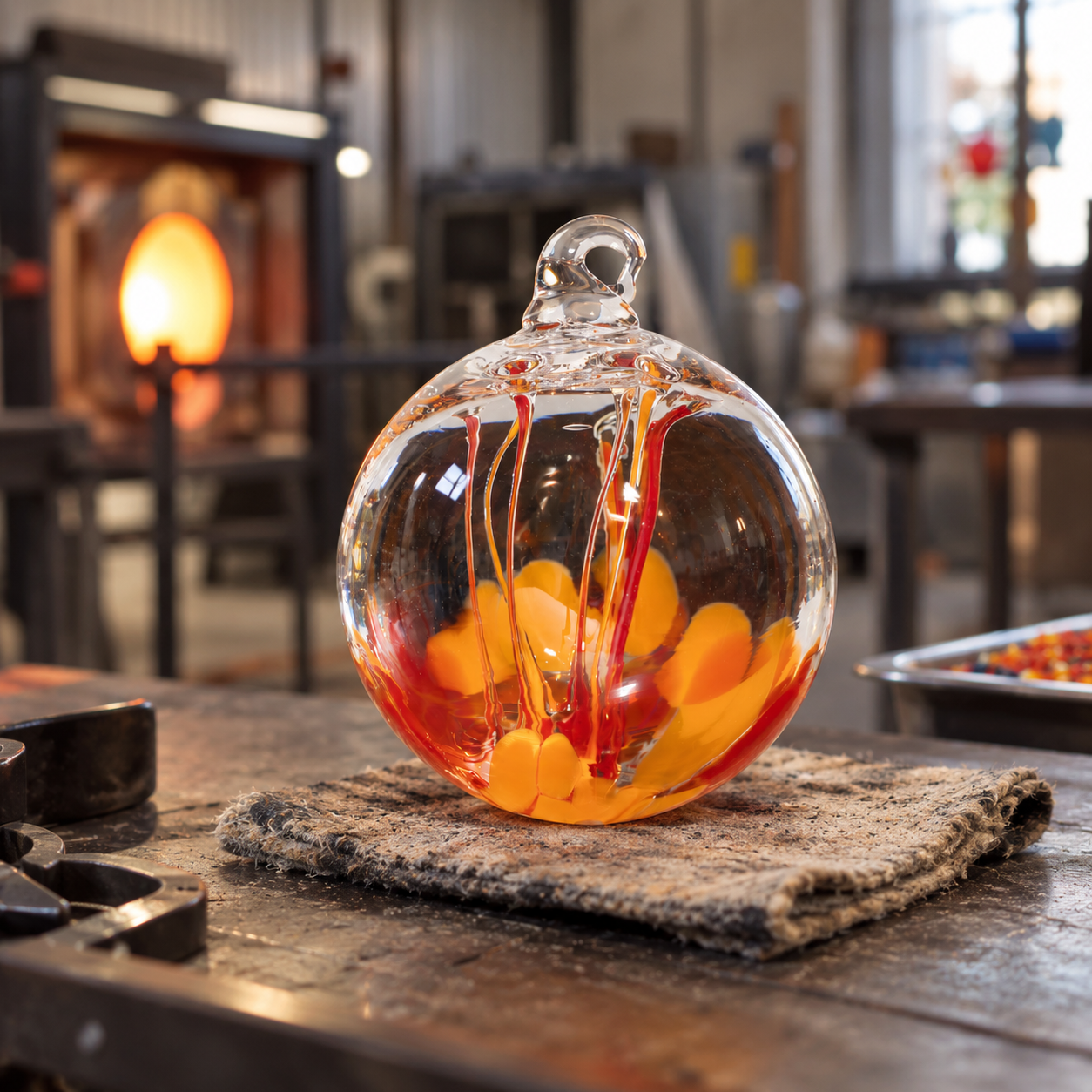 Glass art piece with colorful flowing liquids inside a round glass container, placed on a workbench in a glassblowing studio.
