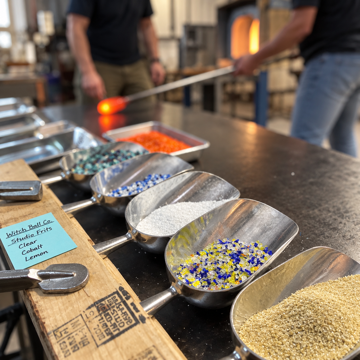 Steel measuring cups filled with colorful glass beads and small granular materials on a black countertop, with people working in the background.