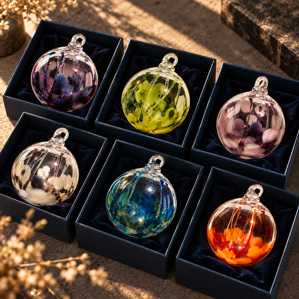 Six glass ornaments in dark blue boxes with black velvet padding, each ornament is a spherical, transparent glass bauble with colored patterns inside, arranged in two rows of three, on a textured surface with a blurred background.