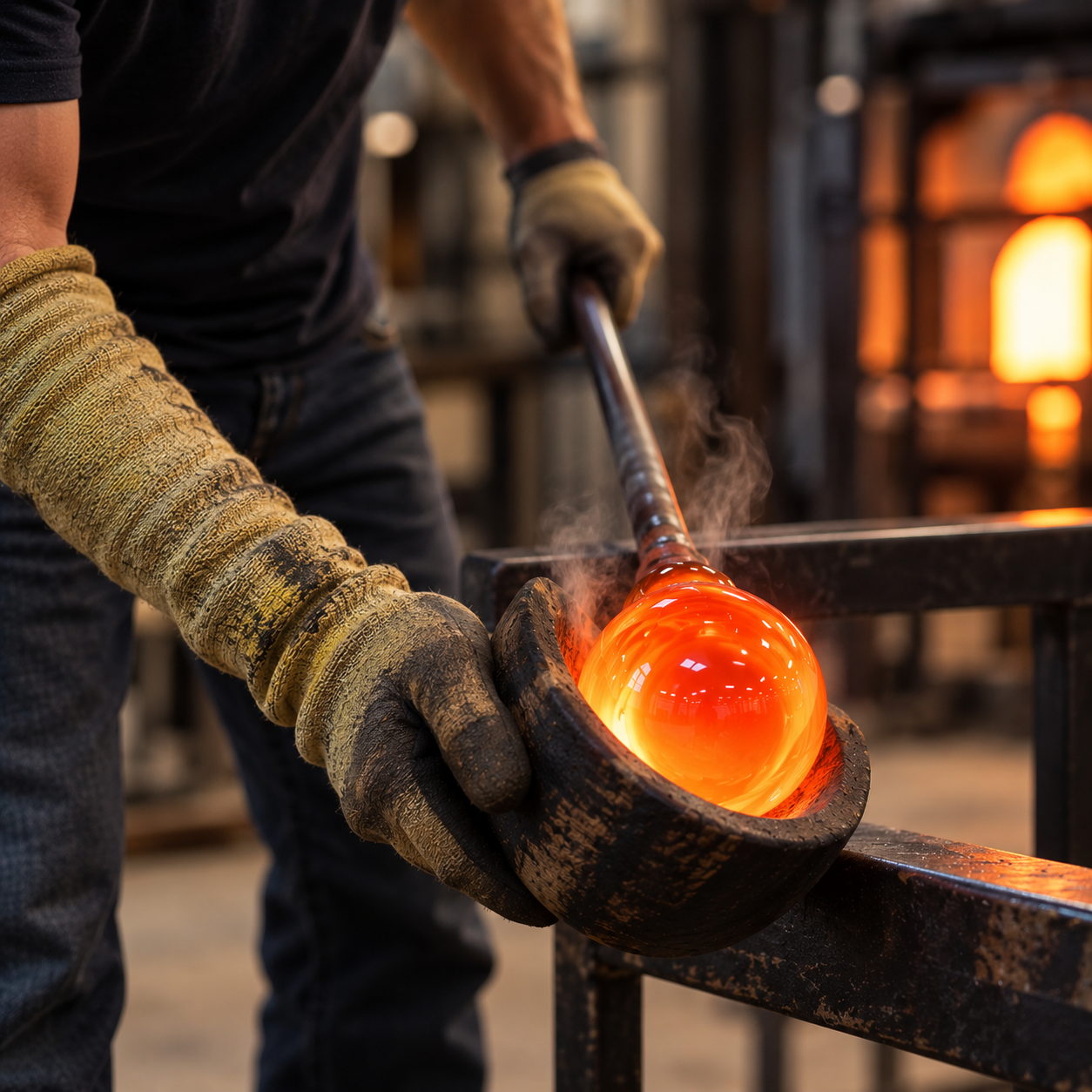 A glassblower in protective gloves shaping molten glass with a long metal rod in a glass studio.