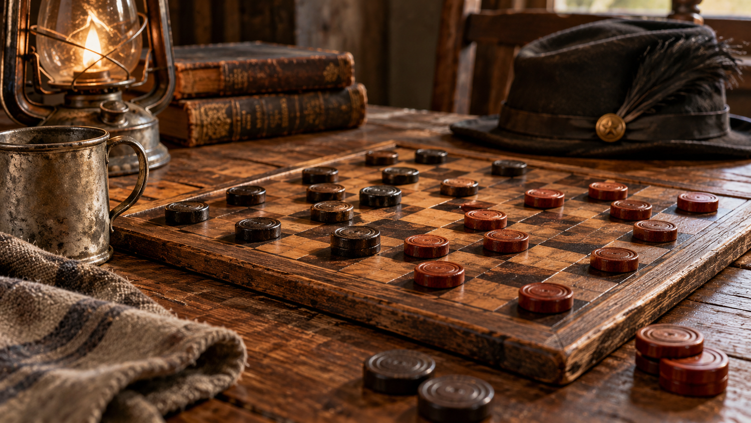 Traditional wooden checkers on an antique board by lanternlight
