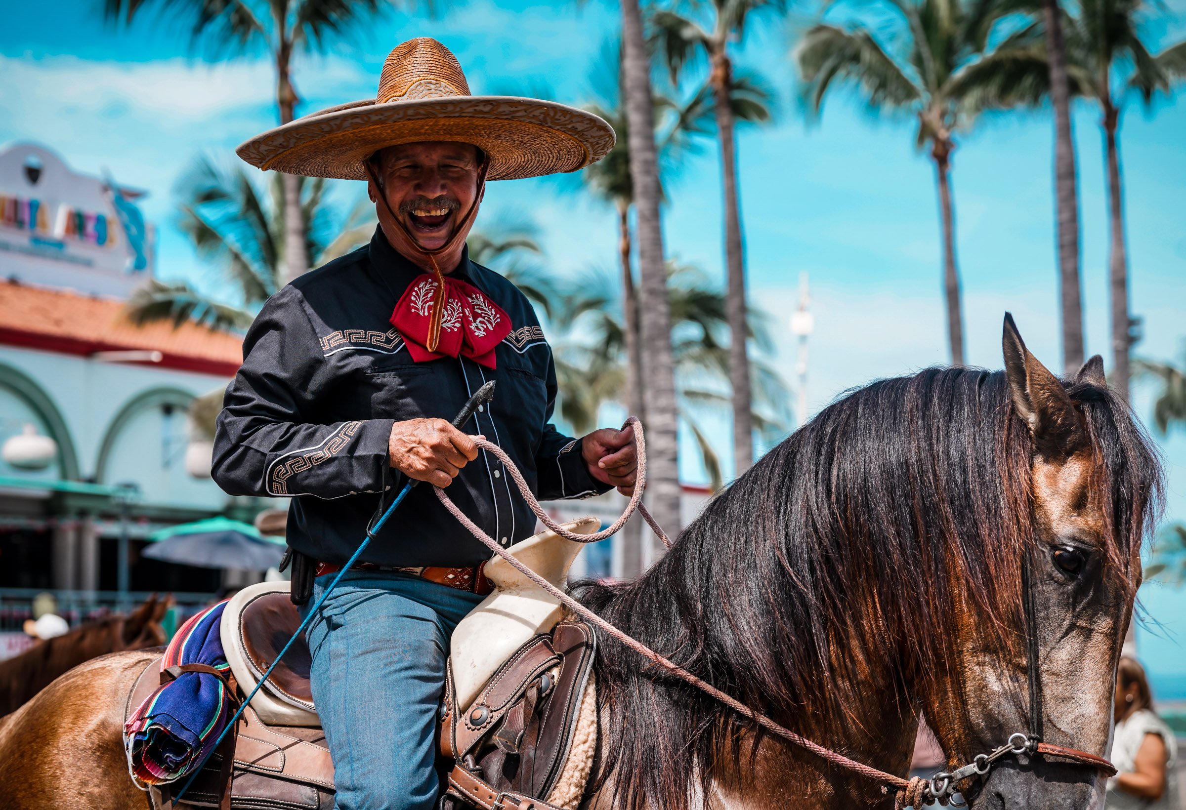 A man riding a horse, wearing a large straw hat and a black shirt with embroidery, holding the reins, with a background of palm trees and a colorful building under a blue sky.