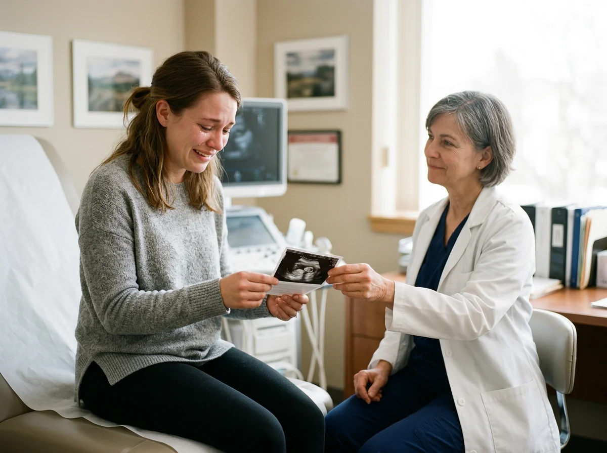 A young woman in a gray sweater holding an ultrasound photo and crying, sitting on a hospital bed while a female doctor in a white coat looks on with a compassionate expression.