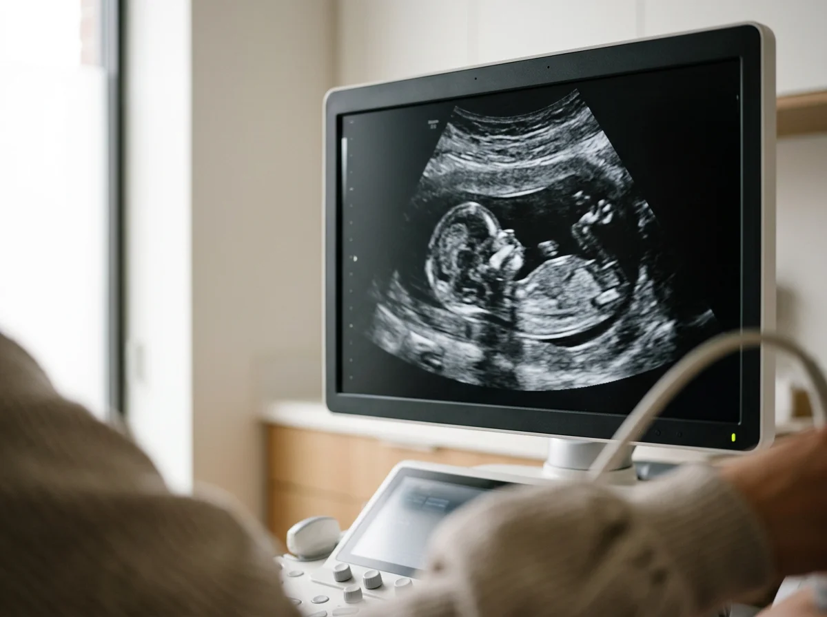 Ultrasound image of a fetus in the womb on a medical monitor.