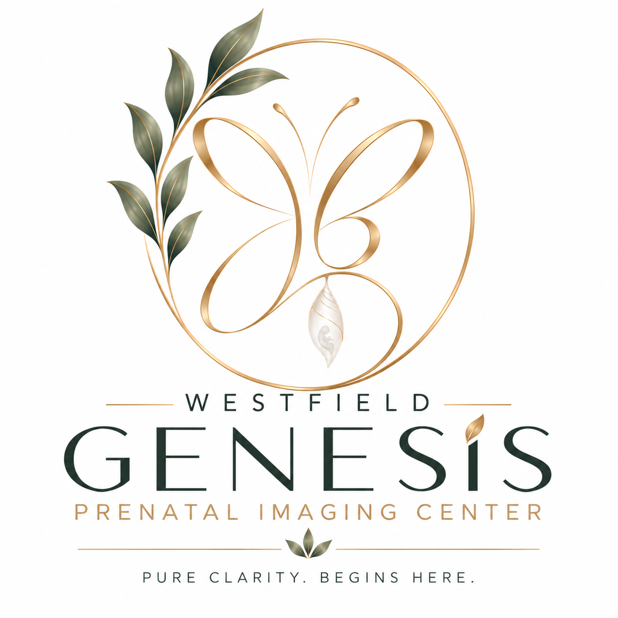 Logo for Westfield Genesis Prenatal Imaging Center featuring a stylized butterfly with gold and green leaves, and the text 'Westfield Genesis Prenatal Imaging Center' with the tagline 'Pure Clarity. Begins Here.'