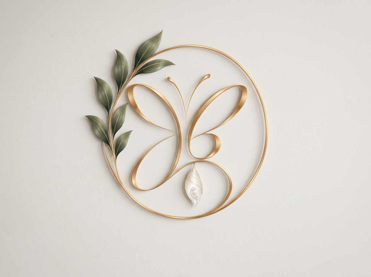 Decorative wall art featuring a gold butterfly with a leaf and a shell, all arranged within a circular frame on a plain light-colored wall.