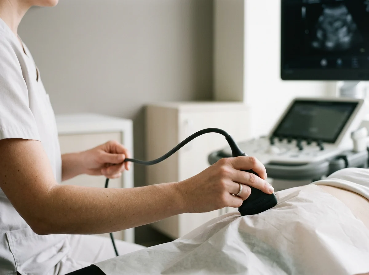 Medical technician performing an ultrasound scan on a patient's abdomen using a handheld device.
