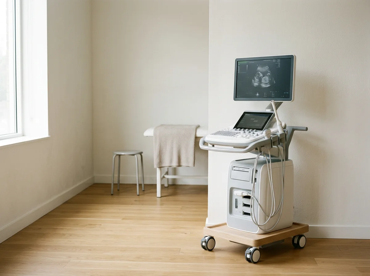 Medical ultrasound machine in a clinic room with a chair, window, and towel.