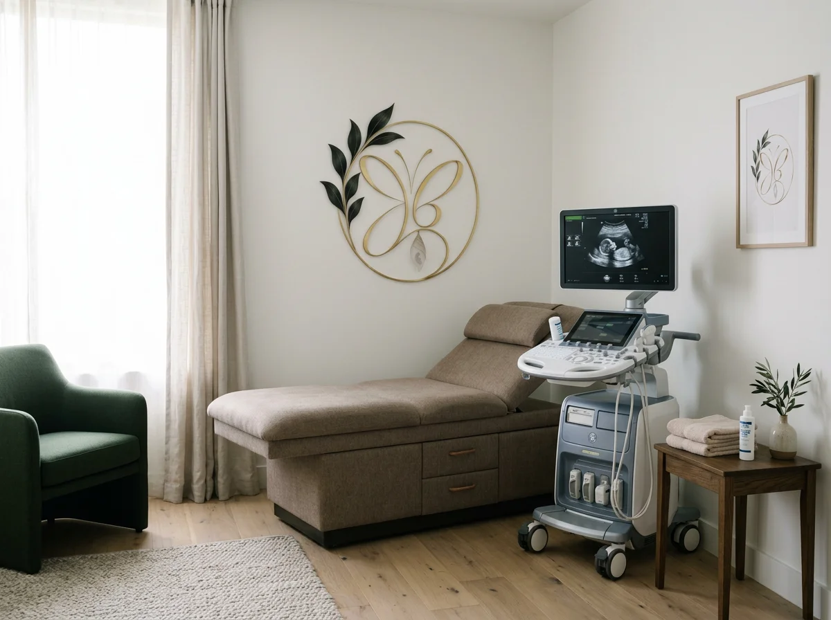 A medical examination room with a beige hospital bed, an ultrasound machine, a green armchair, and wall decor featuring a butterfly and leaf design.