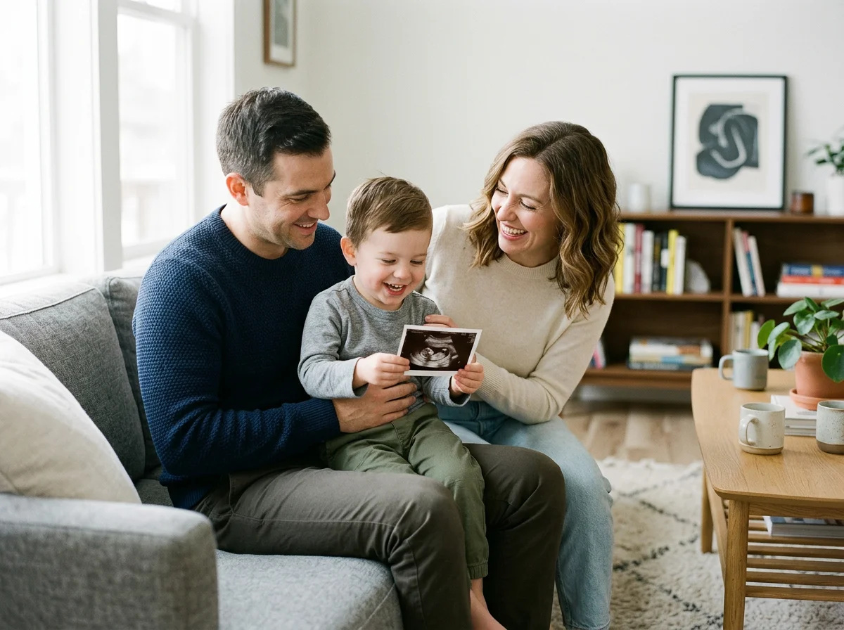 A family of three sitting on a gray couch in a living room, smiling and looking at a sonogram picture of a baby held by the child, with a bookshelf, plant, and framed artwork in the background.